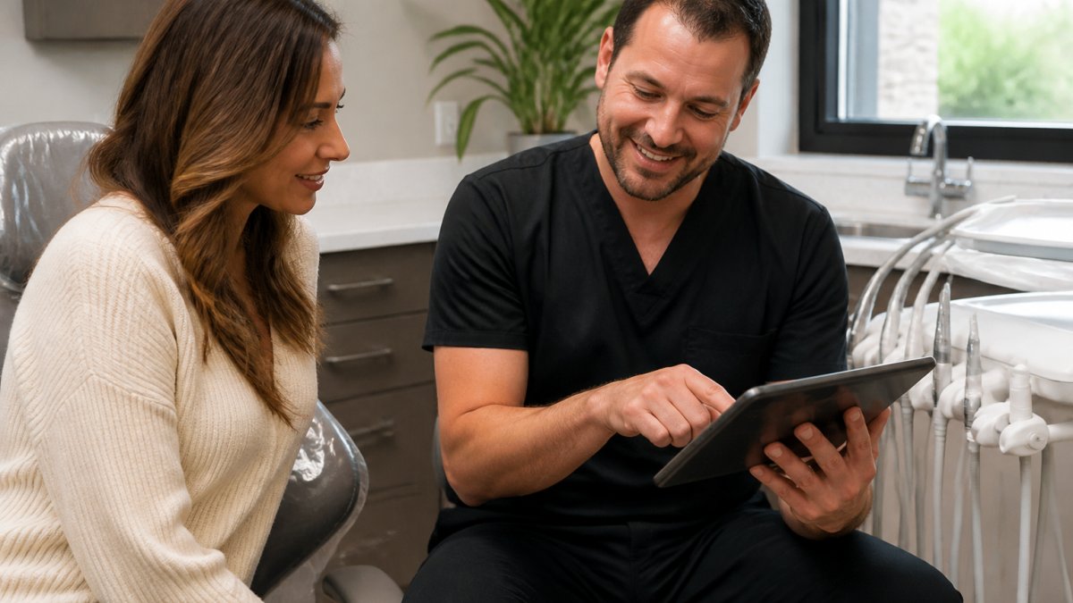 A dentist and patient reviewing a treatment plan and cost estimate on a tablet in a bright, modern dental office, both looking engaged and comfortable