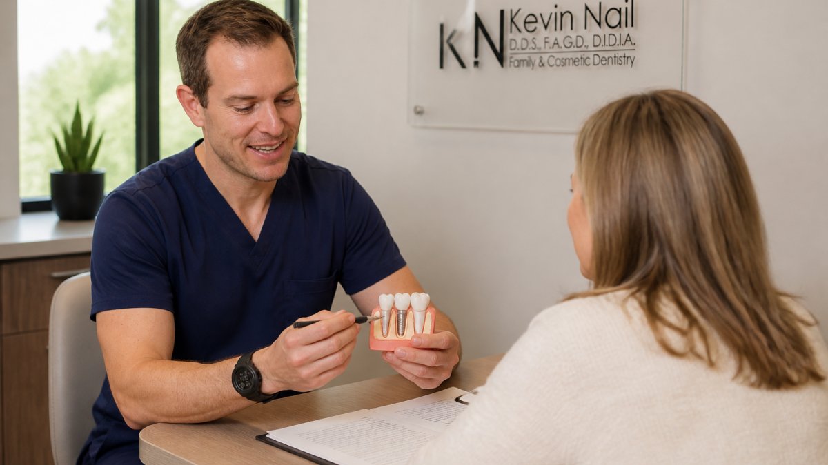 Professional demonstrating dental implant cost with insurance technique in modern clinical setting with natural lighting
