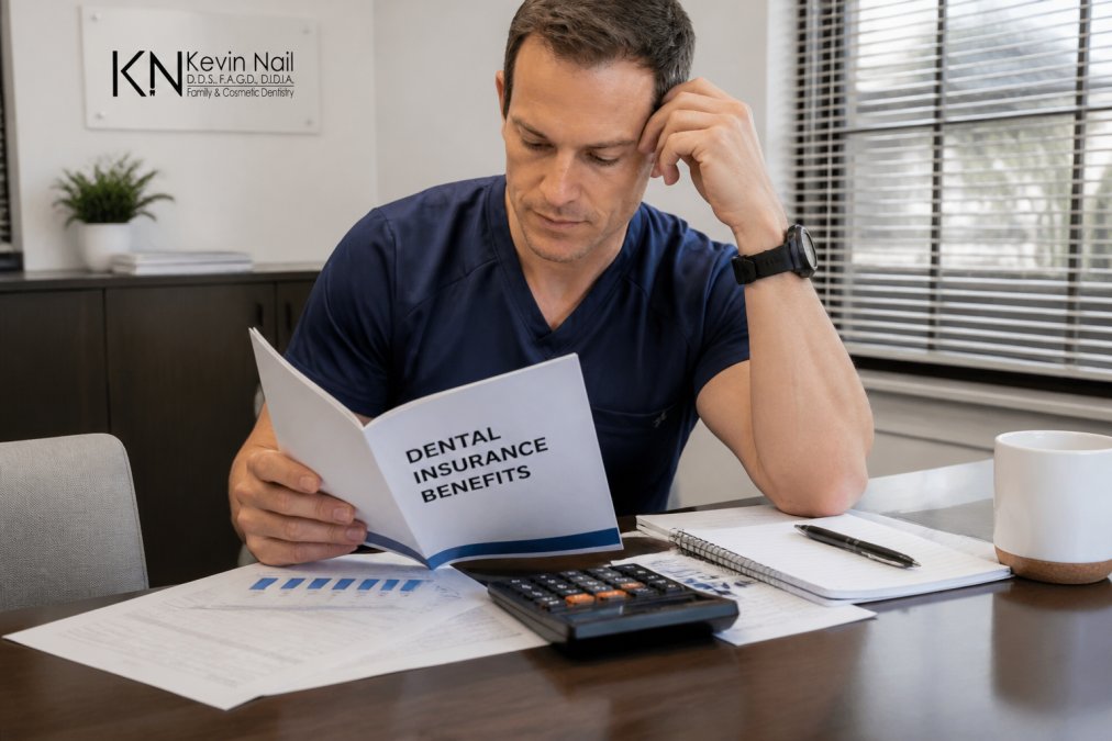 A patient sitting at a table with a dental insurance benefits booklet, calculator, and notepad, reviewing coverage details in a bright home office