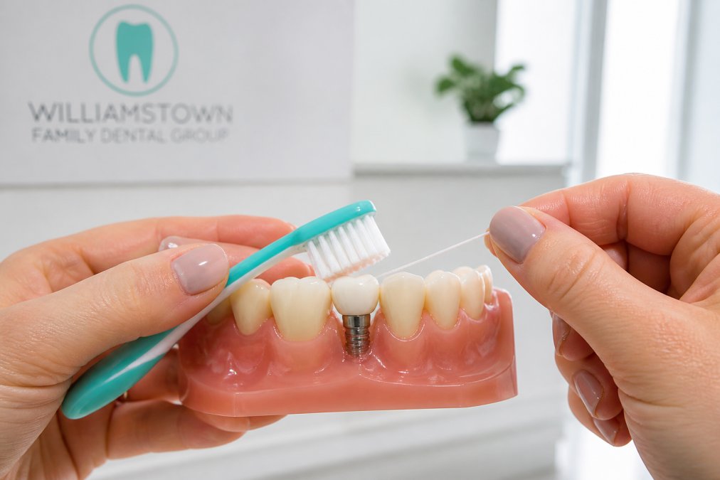 Step-by-step guide on using a soft toothbrush and floss to clean around a dental implant crown to prevent failure.