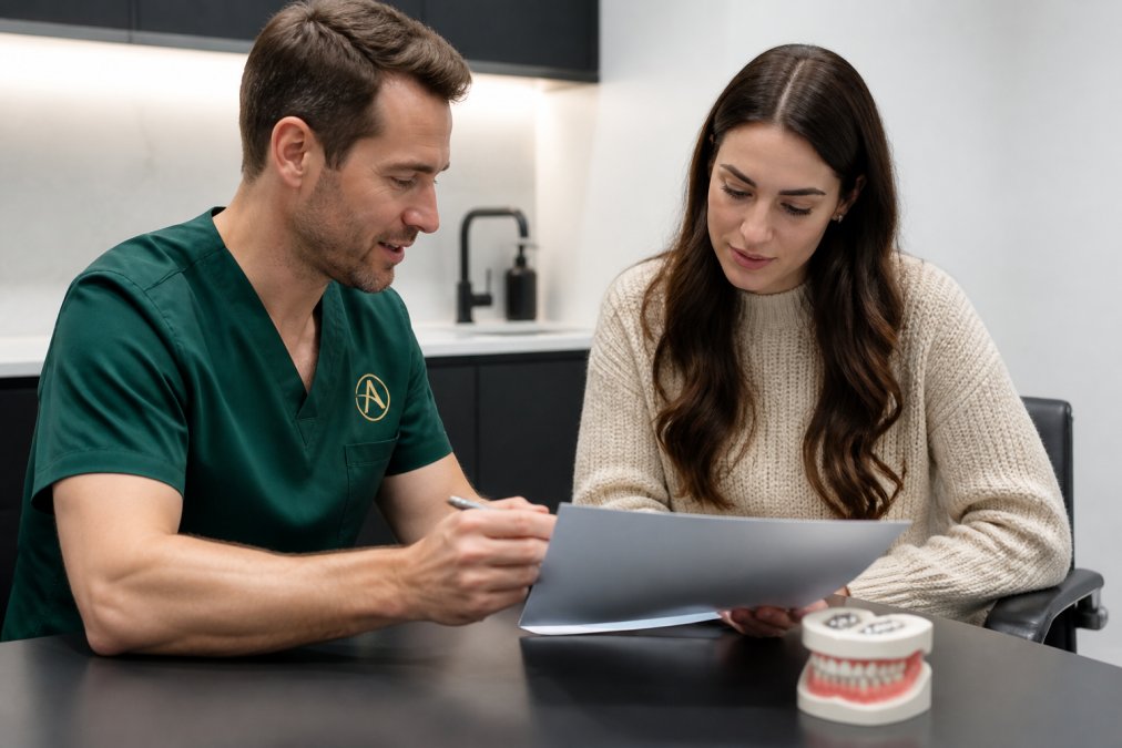 Dentist and patient reviewing paperwork and an implant guarantee in a bright, modern consultation room