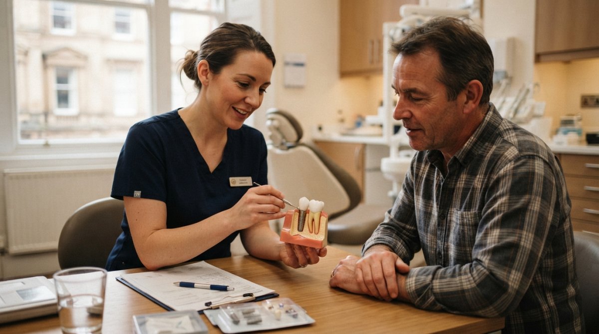 Close-up of a dental professional's hands holding a titanium implant post and abutment during consultation, with a dental model visible on the desk showing implant placement