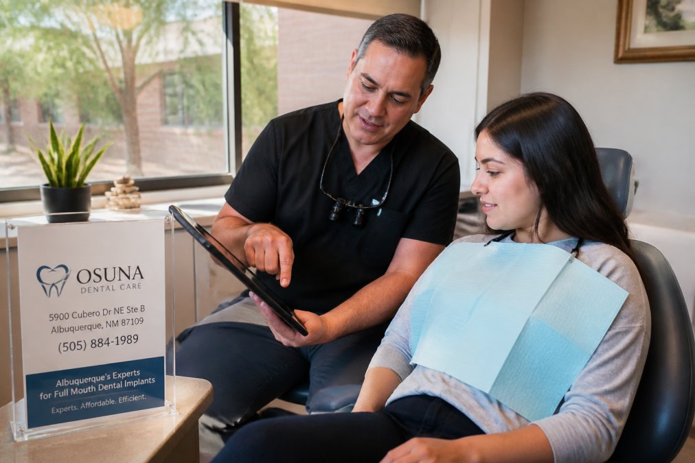 A patient resting comfortably in a dental chair at a modern Albuquerque clinic while a dentist points to a recovery schedule on a tablet, soft natural window light, calm and reassuring atmosphere