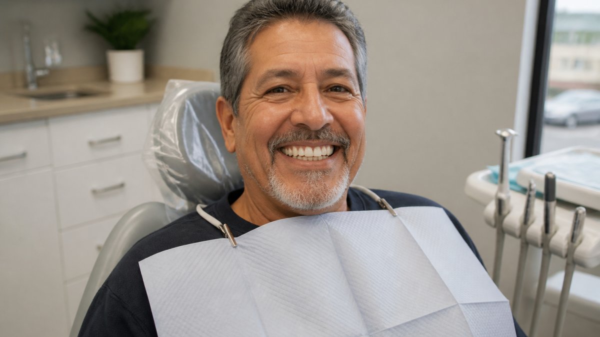 Professional dental patient showing natural-looking restored smile with dental restoration work in modern clinical setting with soft natural lighting