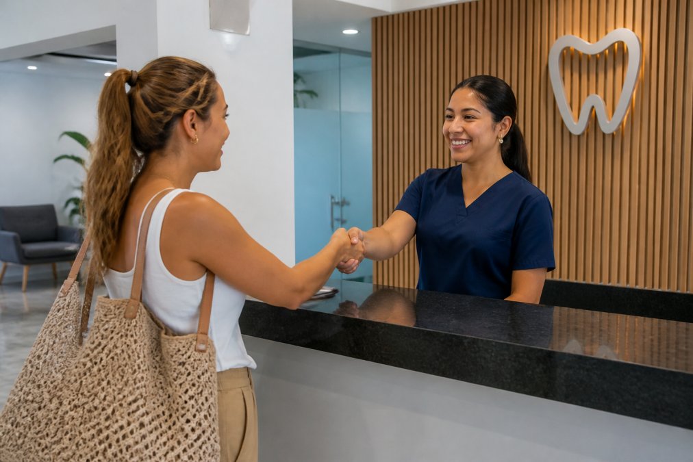 A modern, brightly lit dental clinic reception area with a friendly staff member at the front desk warmly greeting a patient who has just arrived, both smiling, with clean white walls and contemporary furniture in the background