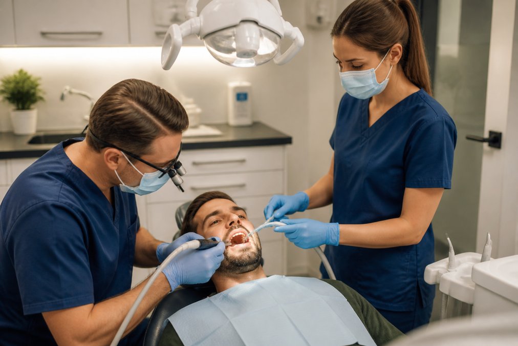 Patient in dental surgery chair during implant treatment with dental professional and assistant visible, modern clinical equipment and comfortable environment with soft lighting
