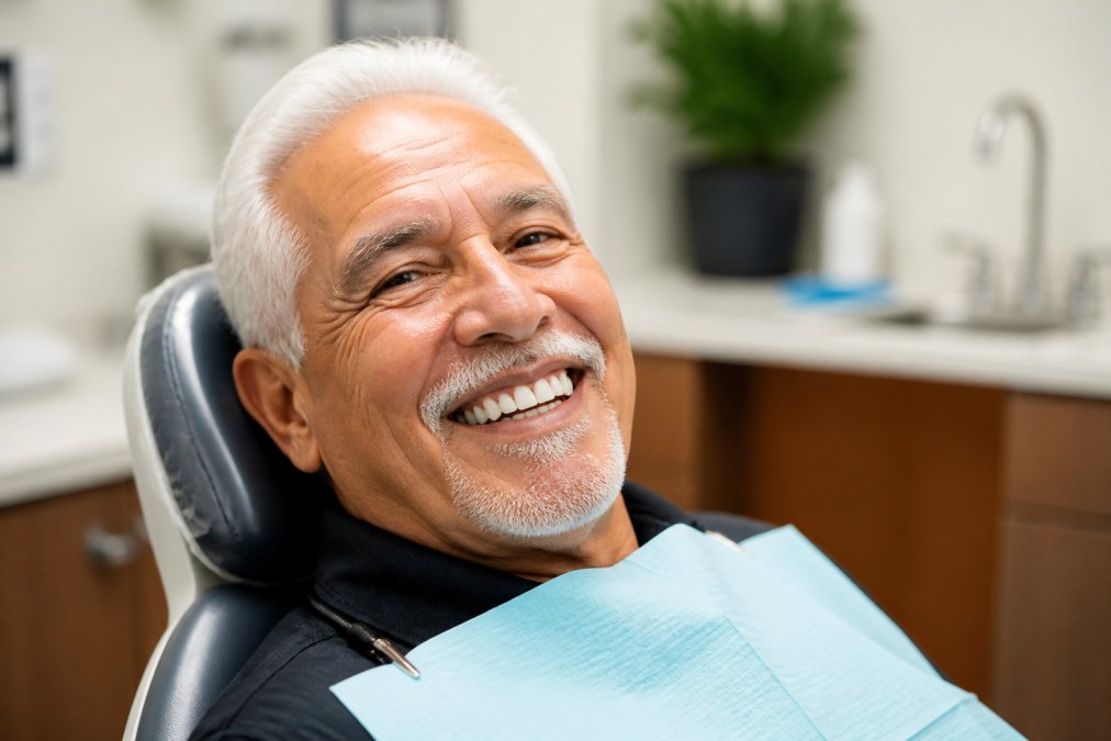 Patient smiling confidently in a dental chair after implant restoration, showing natural-looking teeth and restored confidence in a modern dental office setting
