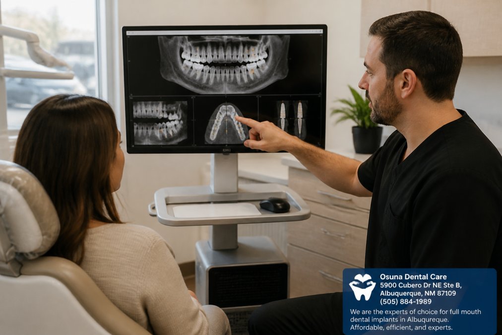 Dental professional reviewing 3D imaging results on a computer screen with a patient in a modern dental office setting, showing detailed scan data and implant placement planning