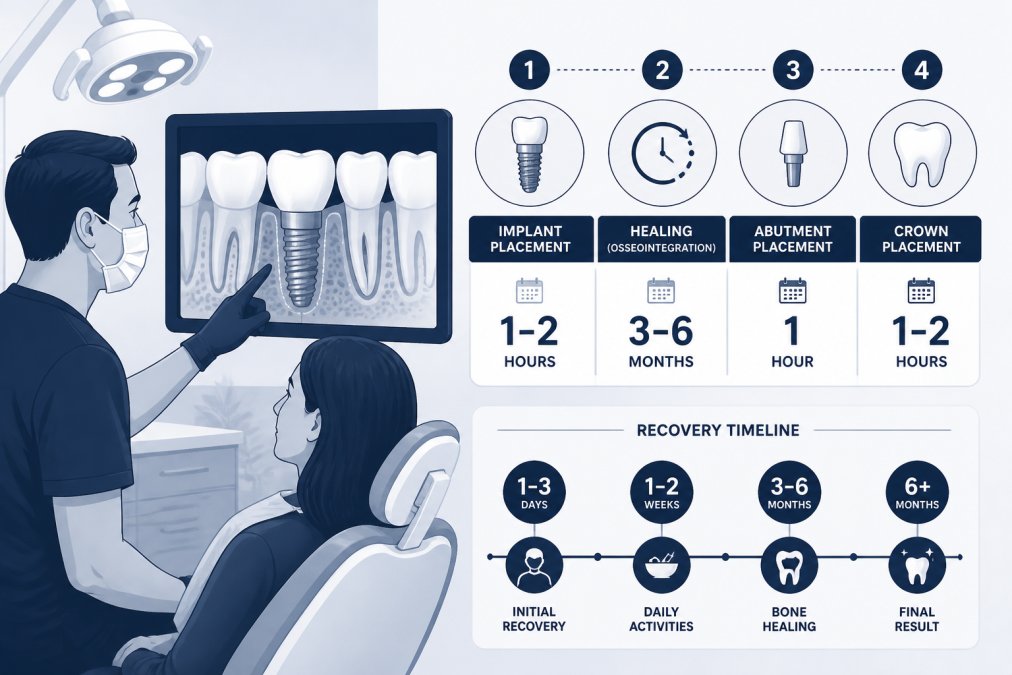 Dentist examining a patient in a clinical setting, pointing to an X-ray showing implant placement and bone structure under bright overhead lighting