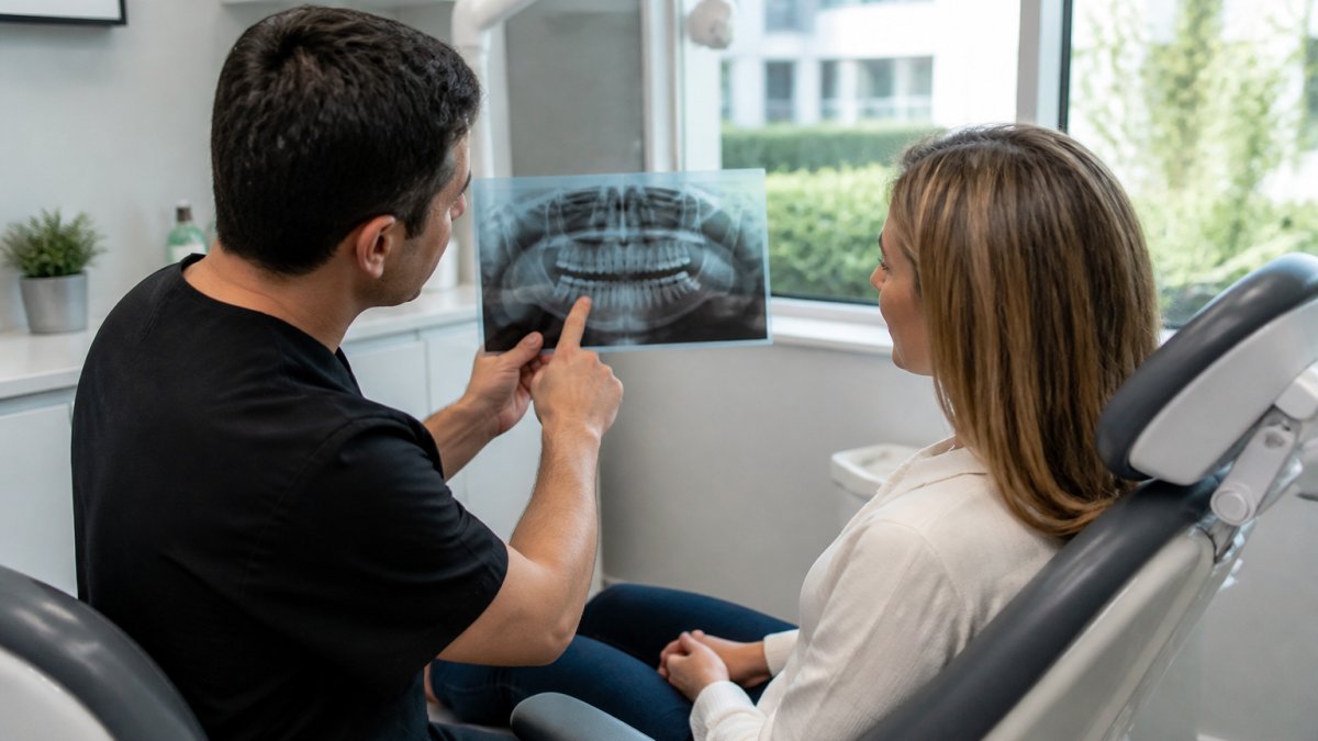 A dentist and an adult patient in a bright modern treatment room, reviewing a dental X-ray on a screen together, both looking at the scan with a calm, collaborative expression