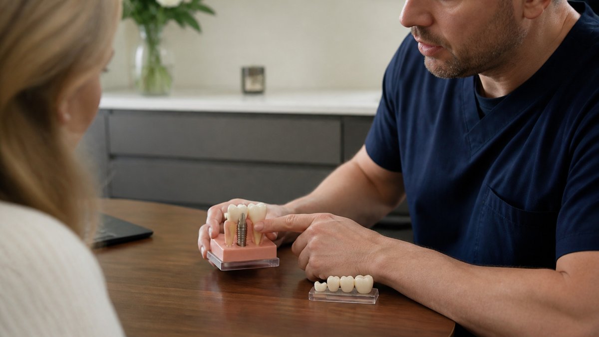 Dentist and patient discussing dental implants vs bridges using a model in a private practice consultation room
