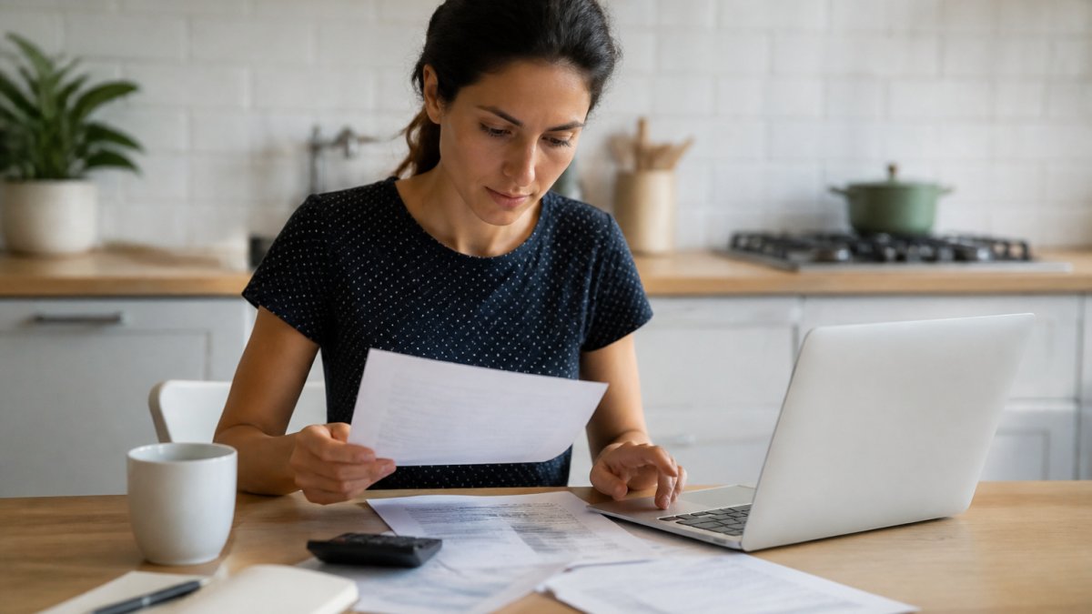 A self-employed woman in her thirties sitting at a bright kitchen table with a laptop, reviewing dental plan paperwork and a coffee mug beside her