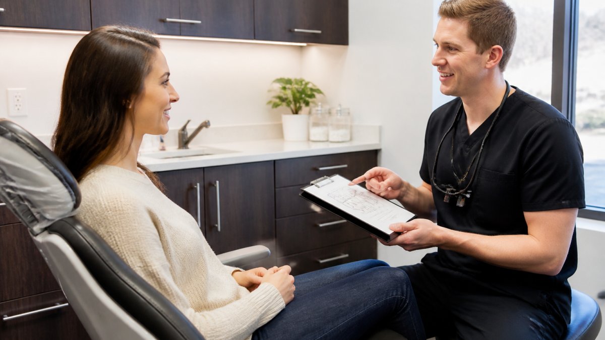 Dentist discussing treatment costs and a dental membership cheaper than insurance with a patient in a clinic