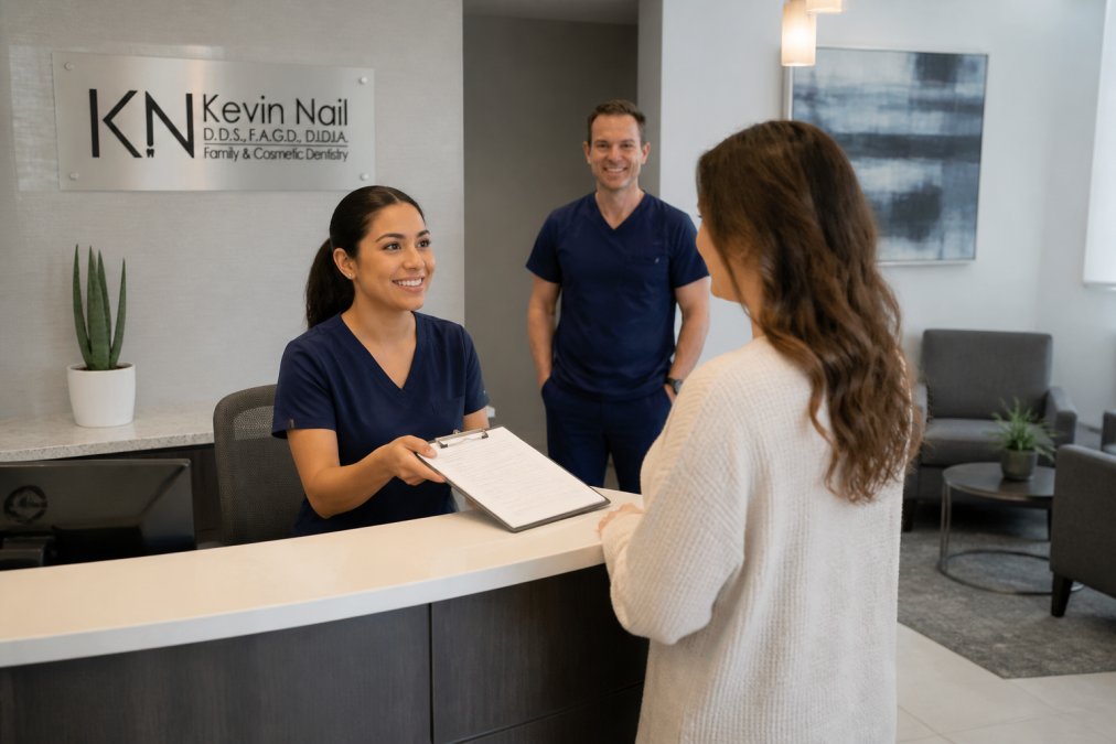 Modern dental office reception area with comfortable seating, soft lighting, and a friendly staff member greeting a patient at the front desk