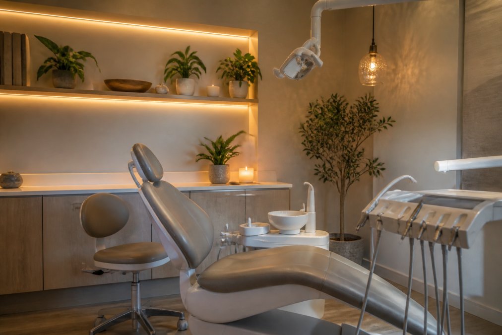 Calming dental treatment room with soft warm lighting, comfortable massage chair reclined in treatment position, potted plants on shelves, and soothing neutral-toned walls with gentle ambient music playing