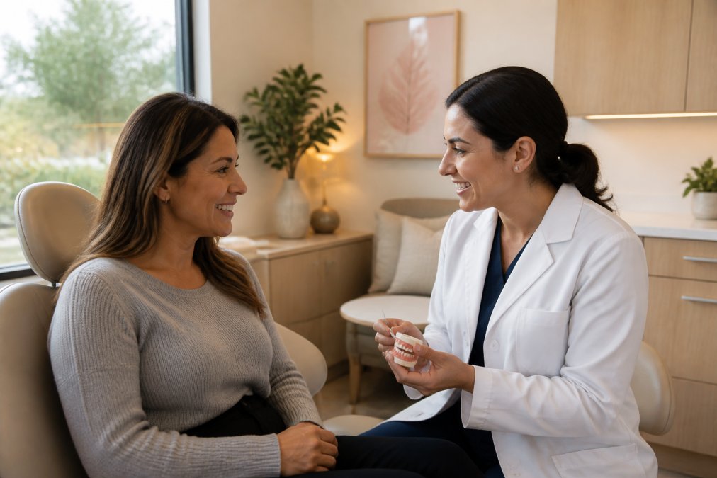 Dental professional in white coat consulting with patient in comfortable modern office environment with warm natural lighting, relaxed seating area, and calming décor in background