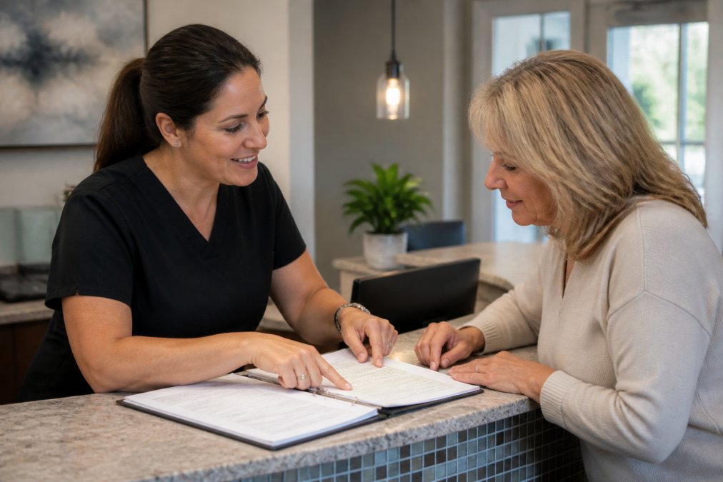 Dental professional reviewing dental payment plans with a patient at a modern office reception desk