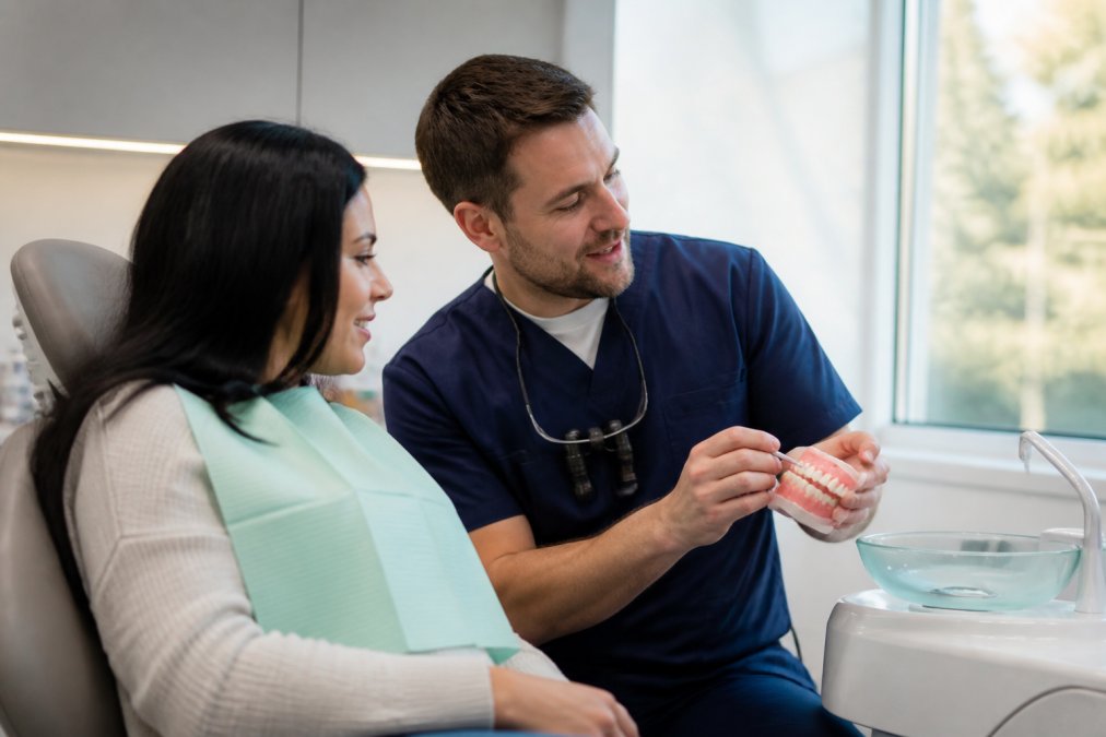 A dentist and patient reviewing a digital smile simulation on a chairside monitor in a modern dental office, both leaning toward the screen in relaxed conversation under soft natural light