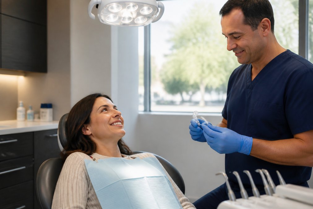 A patient relaxing in a modern dental chair with a bright overhead light, while a dentist in blue gloves holds a professional whitening tray nearby in a clean, modern office