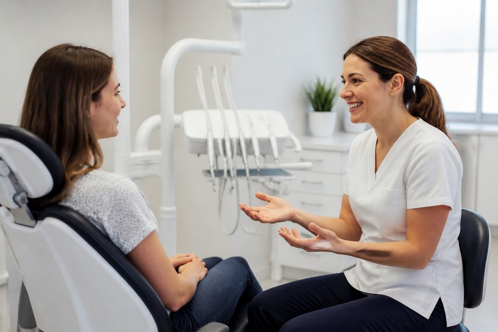 Patient having a calm conversation with a dentist in a bright, welcoming dental office with soft lighting and relaxed body language
