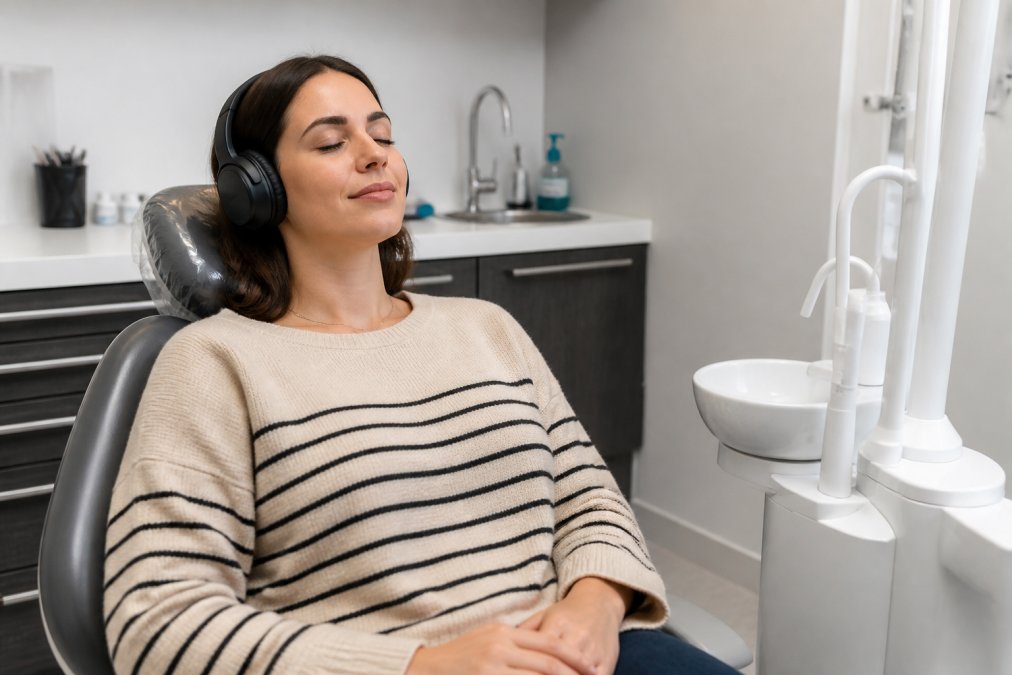 Person using noise-canceling headphones in a relaxed posture, sitting comfortably before a dental visit, demonstrating a calming technique