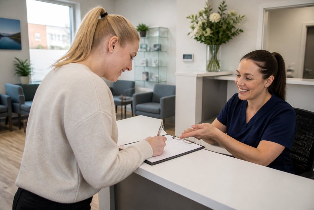 Patient completing registration form at reception desk with friendly receptionist assisting, modern dental practice waiting room with comfortable seating visible in soft natural lighting