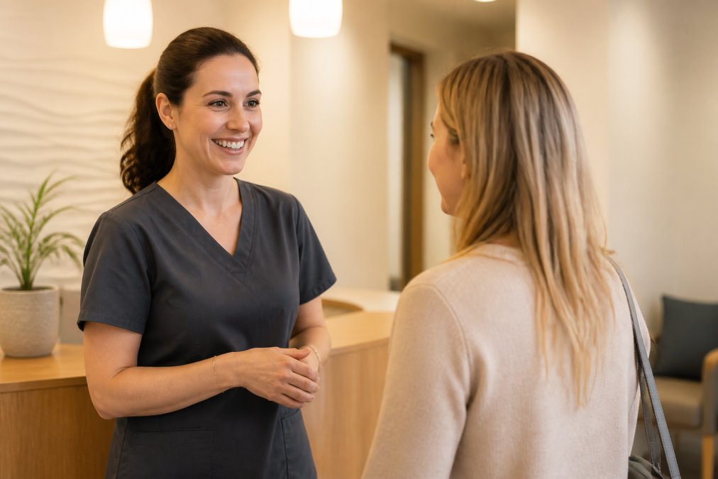 Calm, welcoming dental surgery interior with soft warm lighting, comfortable ergonomic patient chair, reassuring female dentist in professional attire greeting a nervous patient with a warm smile in the reception area