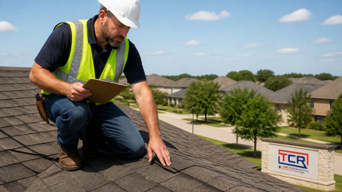 Professional contractor in safety gear inspecting shingles for a Denton roofing project