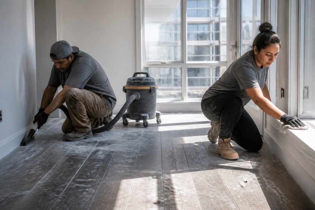 Cleaning crew performing post-construction cleaning in a sunny, newly renovated apartment unit
