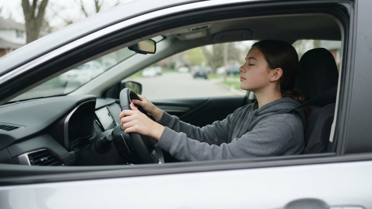 Calm teenager sitting in driver's seat with hands on steering wheel, taking a deep breath before practice driving, natural daylight visible through windshield
