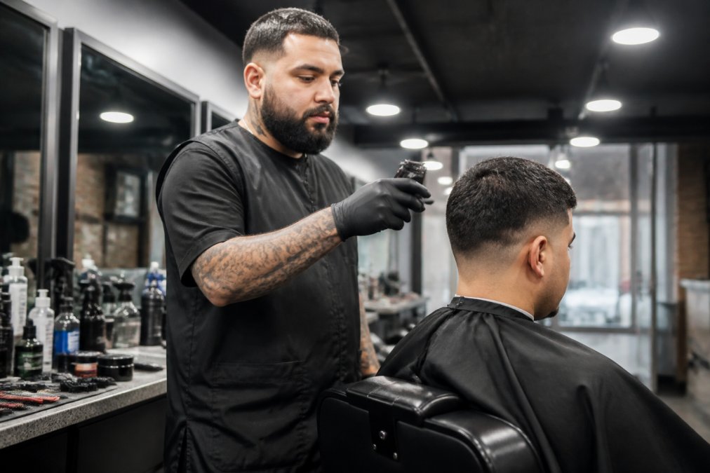 A professional barber in a busy shop holding a cordless clipper, with a client in the chair and tools neatly arranged on a station counter