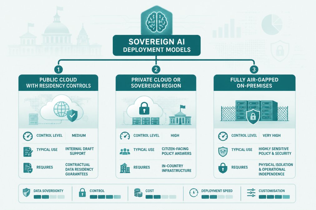 Decision tree diagram showing three sovereign AI deployment models. Branch one: public cloud with residency controls, medium control level, typical use case internal draft support, requires contractual data residency guarantees. Branch two: private cloud or sovereign region, high control, typical use case citizen-facing policy answers, requires in-country infrastructure. Branch three: fully air-gapped on-premises, maximum control, typical use case classified or cabinet-level material, requires local GPU hardware and no external network path