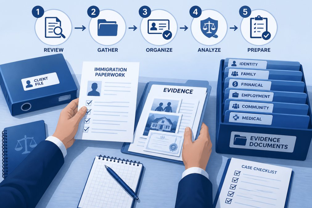 Hands organizing legal documents, evidence folders, and immigration paperwork on desk with notepad and pen, showing careful case preparation