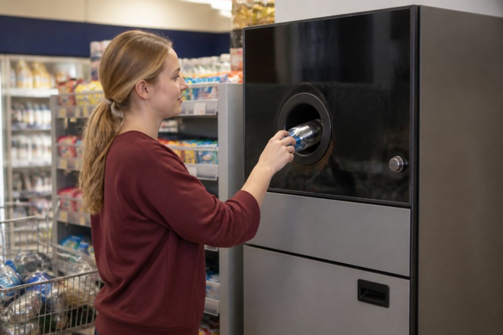 Customer inserting a plastic bottle into a compact reverse vending machine for a deposit return scheme in a small shop.