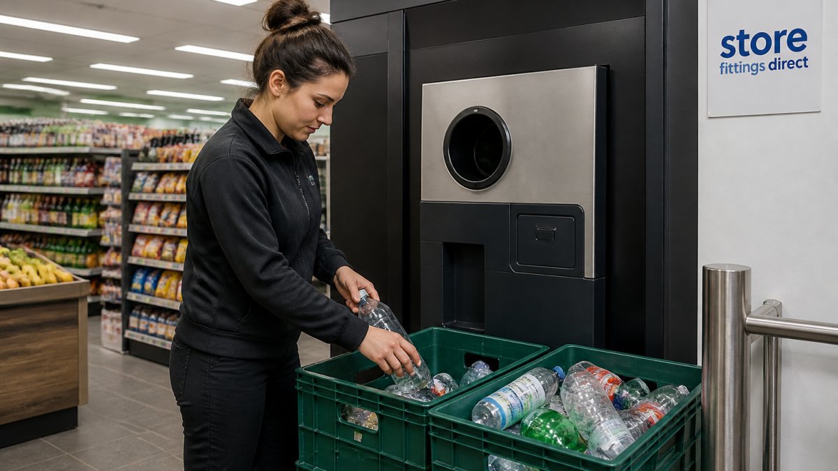 A shop worker in a convenience store arranging a reverse vending machine area with crates of empty drinks bottles ready for collection