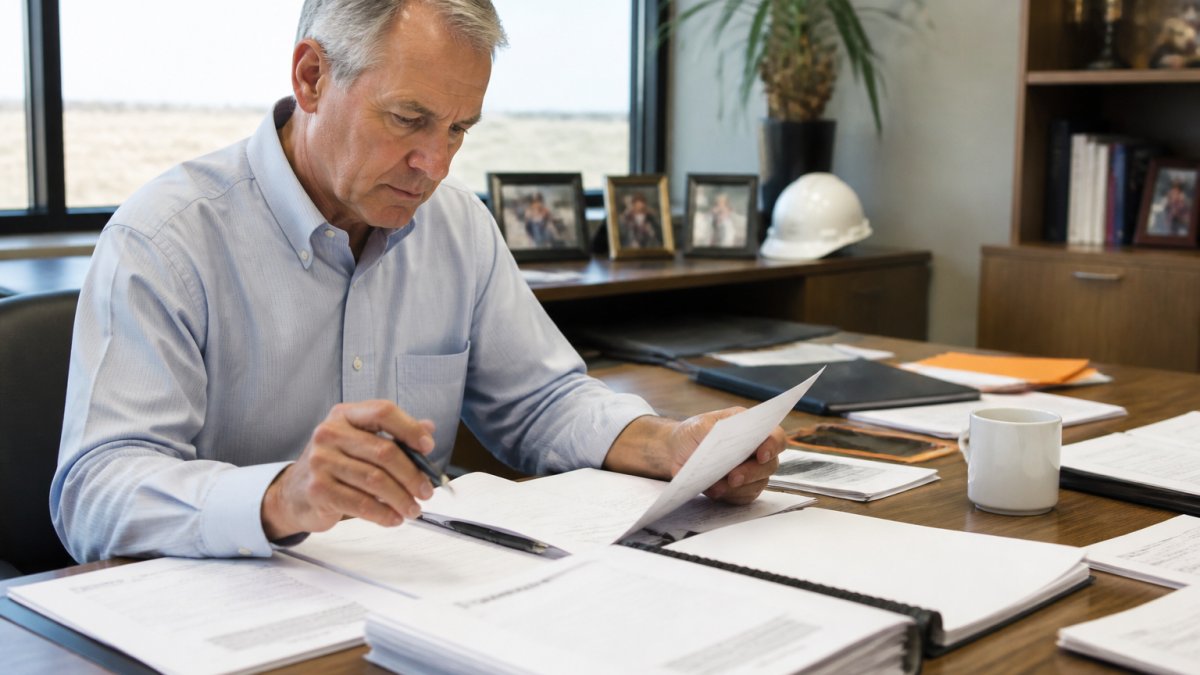 Professional investor reviewing energy investment documents and tax strategy notes at desk with computer and financial reports in modern office
