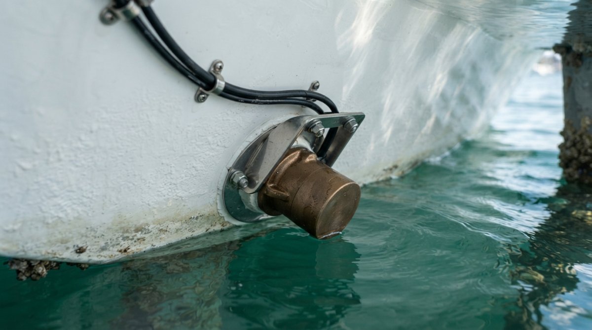 Close-up of a bronze thru-hull transducer mounted on a white fiberglass sailboat hull with stainless steel mounting bracket, cable routed along the hull, natural water reflection visible