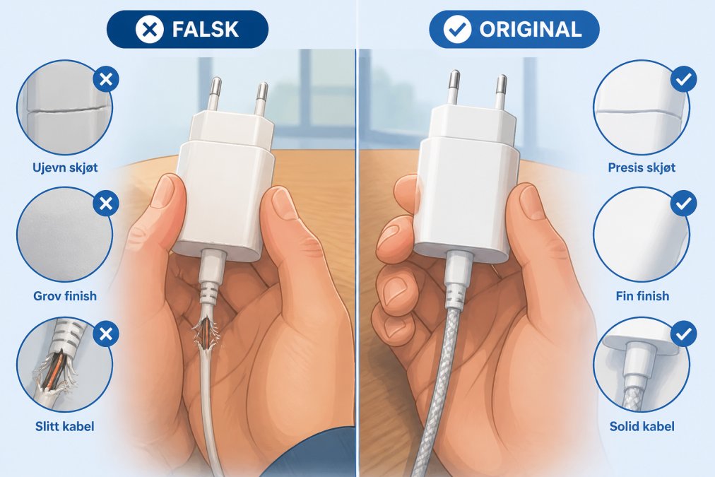 Close-up of hands holding two smartphone chargers side by side on a wooden table, the left one with a frayed cable and rough plastic seams, the right one clean with a sturdy braided cable and precise finish, soft daylight from a window