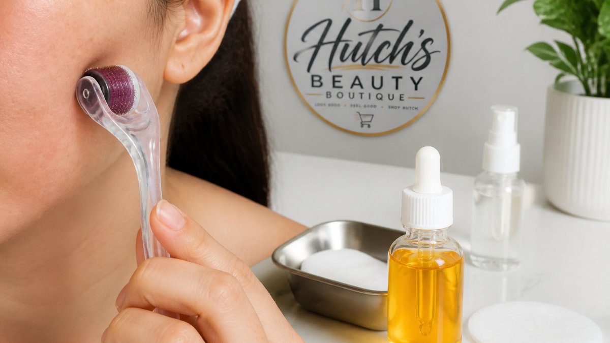 Close-up of hands holding a sterile derma roller over clean skin, with sanitized tools and vitamin C serum visible on a clean white surface nearby