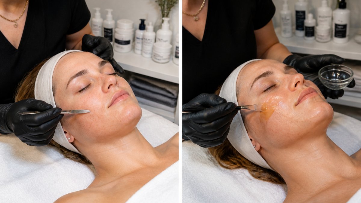 Close-up of an esthetician in gloves gently gliding a sterile medical-grade scalpel across a client's cheek in a calm, softly lit treatment room, with folded towels and professional skincare products visible on a side counter