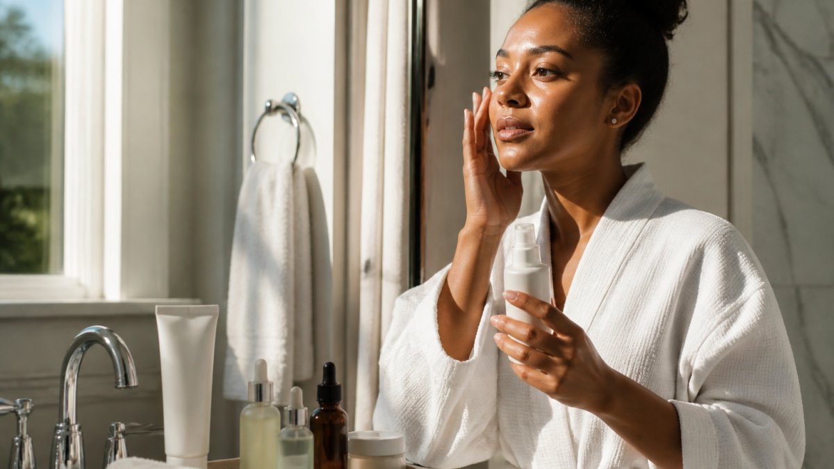 Person with melanin-rich skin applying skincare products at a bathroom sink in natural morning light, showing careful layering and application technique