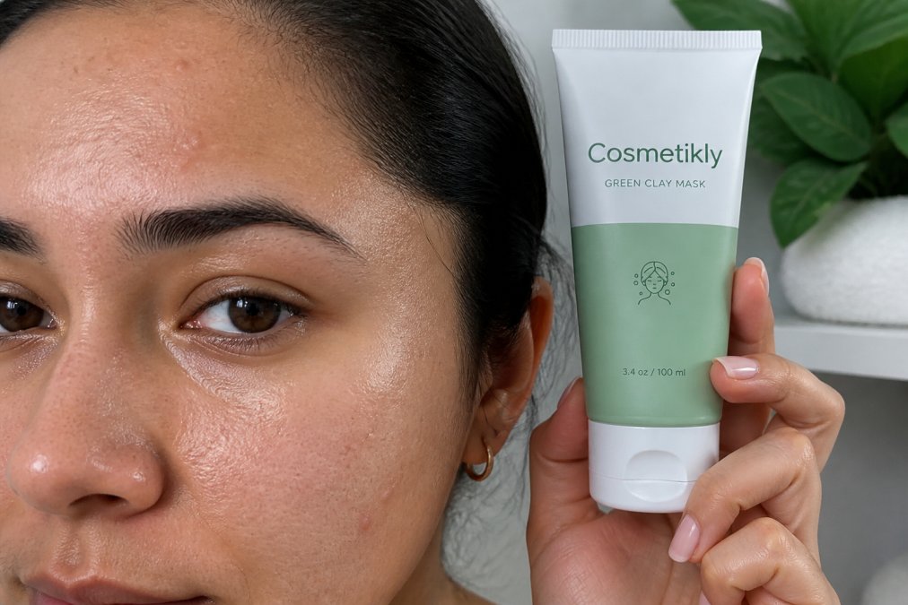 Close-up of person's face showing visible pore congestion, blackheads, and uneven skin texture on forehead and cheek area with natural lighting