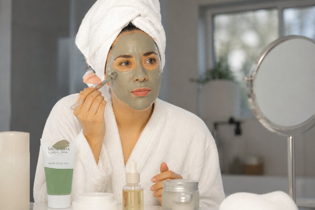 Skincare products arranged on clean surface including cleansers, serums, and masks with hands applying product to face in bright setting