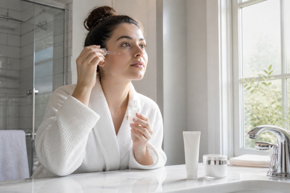 Woman applying serum in a sunlit bathroom as part of a dermatologist recommended skincare routine