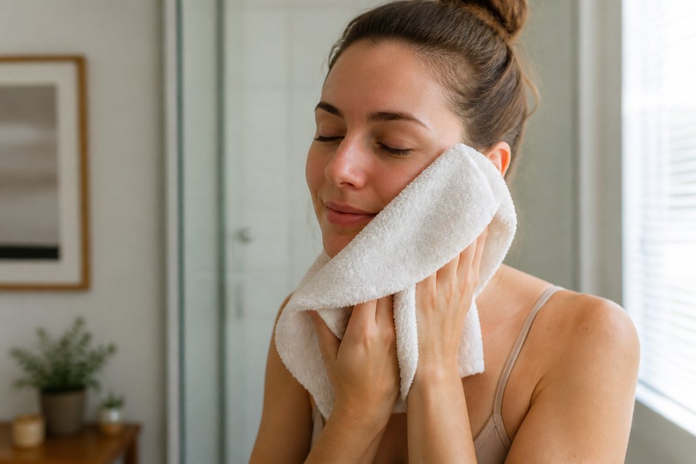 Diagram demonstrating the gentle pat-drying technique for reactive skin cleansing to avoid facial friction.
