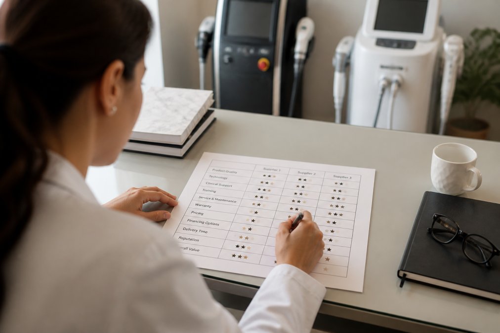 A clinic owner at a desk with a laptop, reviewing a printed comparison matrix with columns for supplier names and rows for evaluation criteria, with a pen in hand marking scores