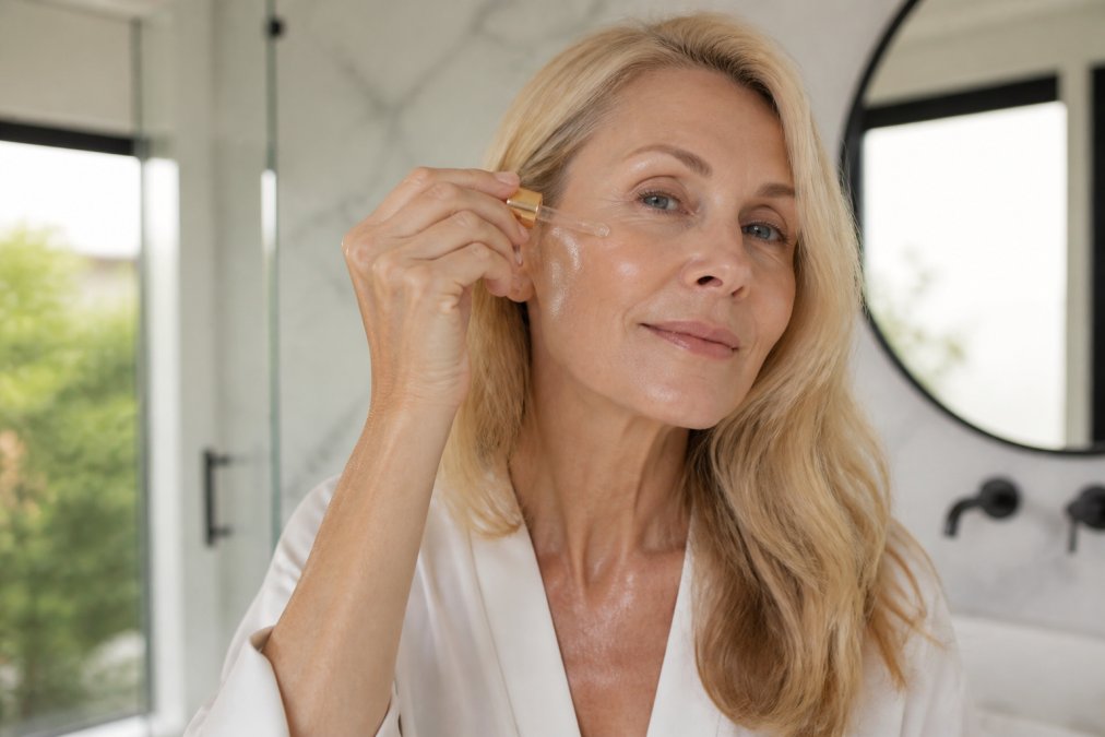 A woman in her fifties with glowing skin applying a drop of serum to her cheek in a bright bathroom, natural light, soft neutral tones
