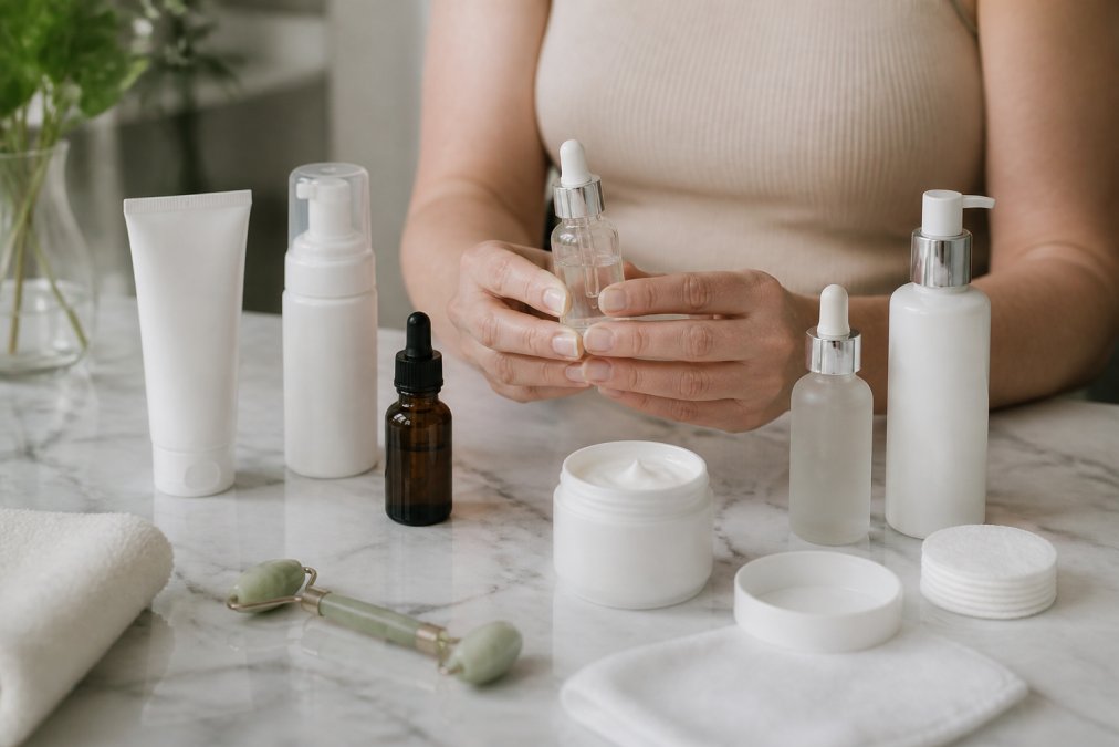 Close-up of hands holding an array of medical-grade skincare products including serums, moisturizers, and cleansers arranged on a white marble surface with soft natural light