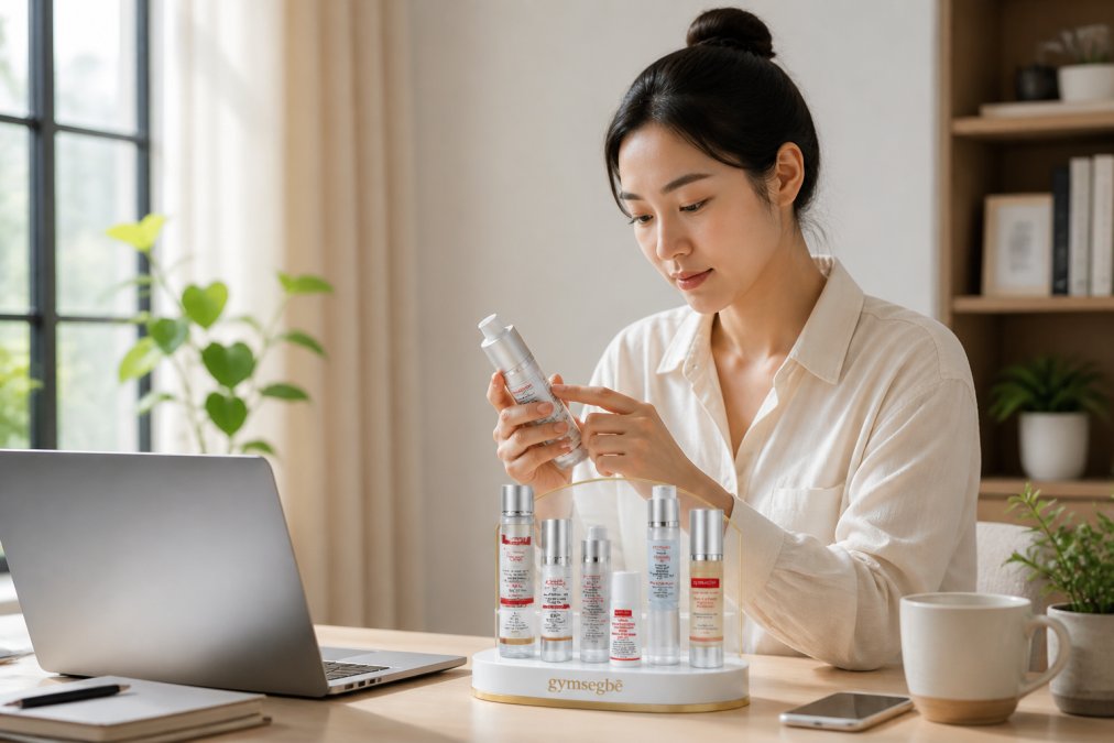 Woman sitting at a desk with a laptop, reading product labels and ingredient lists on skincare bottles beside her, bright natural light streaming from a nearby window