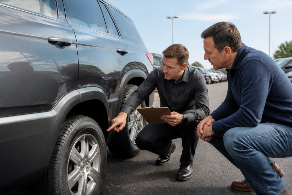 A customer and a certified dealership technician inspecting a pre-owned SUV on a service lot, with the technician pointing at the tires while holding a clipboard, natural daylight